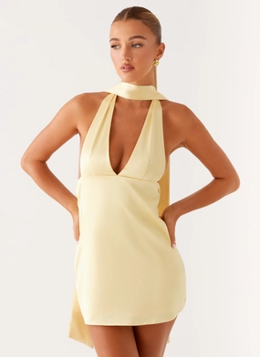 Alicia Satin Halter Mini Dress - Pastel Yellow Cozy Drape Work-to-Play Wear