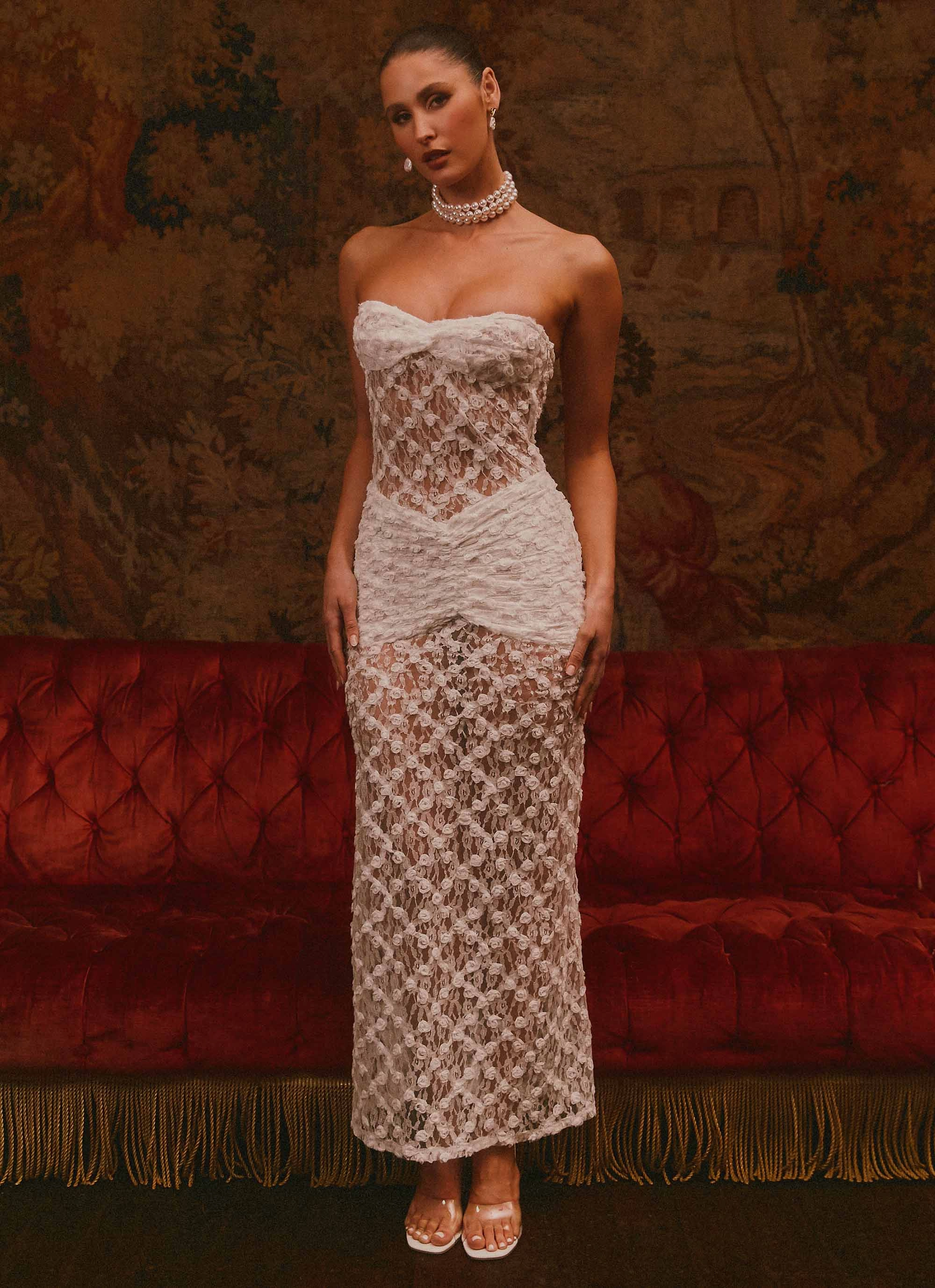 Subtle Stitch High Neck Ottilie Lace Maxi Dress - White