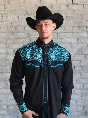 Rockmount Mens Black/Turquoise 100% Cotton Vintage Tooling Western L/S Shirt Seamless Side Panels No Slip Shoulder Grip