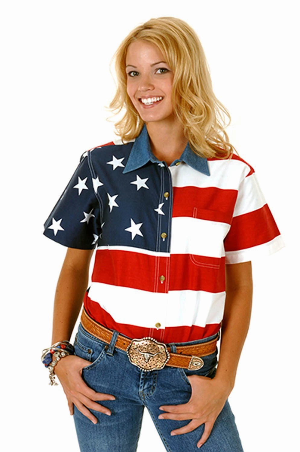 Roper Womens Stars and Stripes Flag Red/Blue 100% Cotton S/S Shirt Trend-Driven