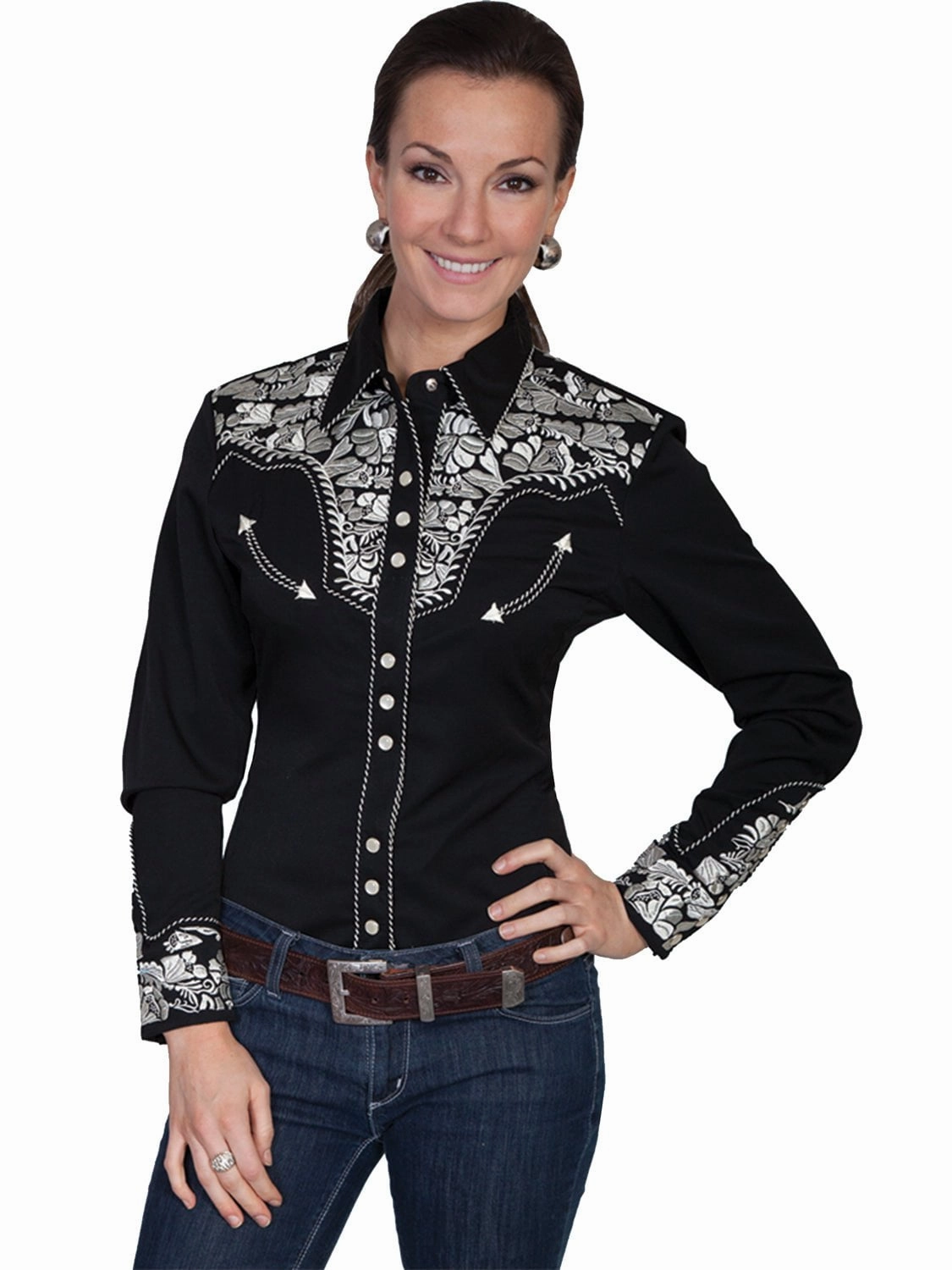 Smart Casual Scully Western Womens Silver Polyester L/S Floral Stitch Western Shirt