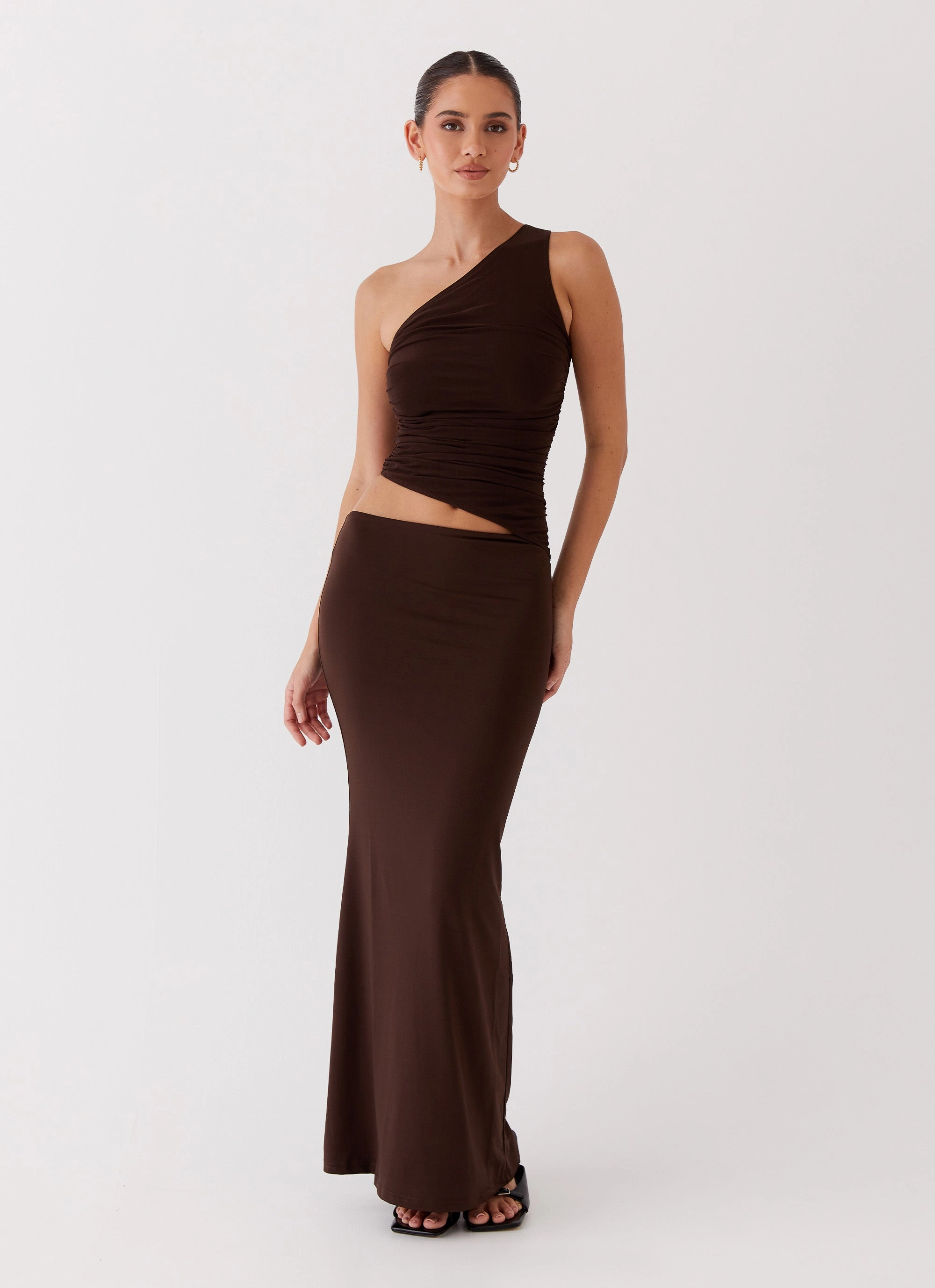 Seranella One Shoulder Maxi Dress - Chocolate Flowing Texture Chic Direction