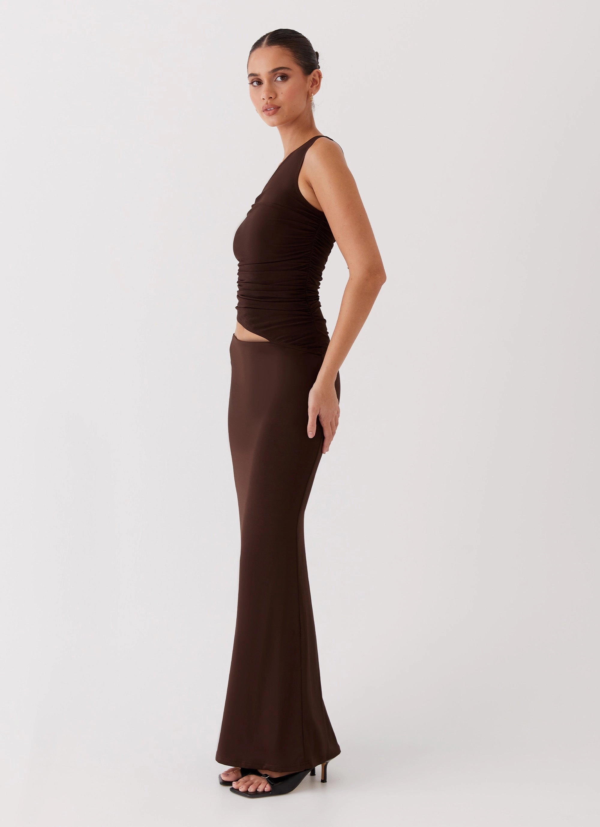 Satin Glow Belt Waist Seranella One Shoulder Maxi Dress - Chocolate