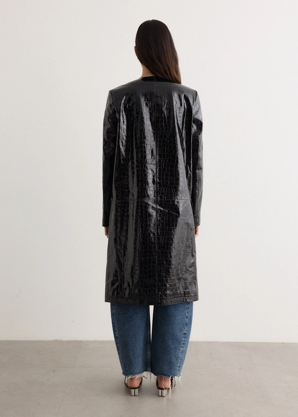 Croco Embossed Coat High Collar Structure