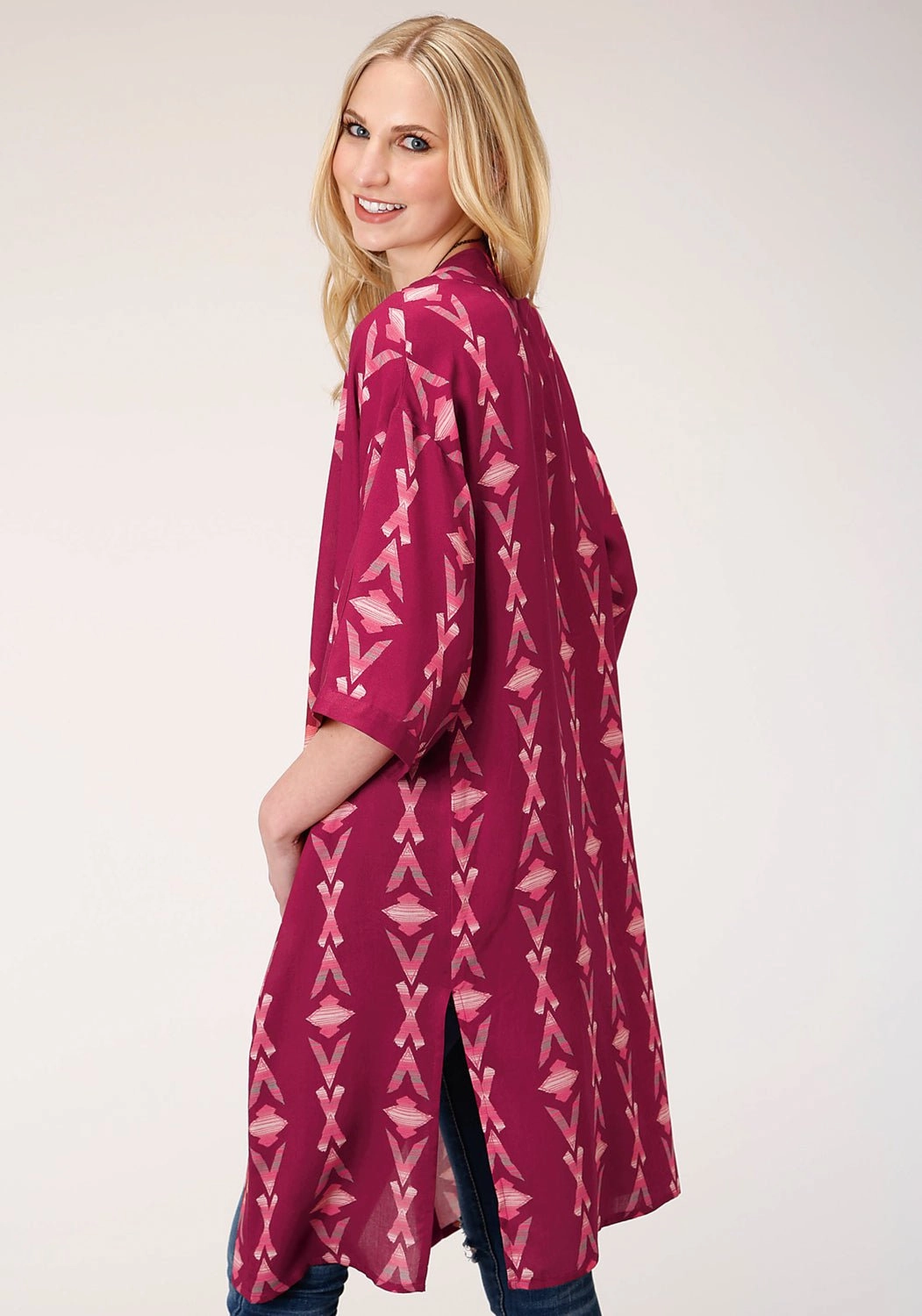 Winter Ready Wear Roper Womens Wine Rayon/Nylon Aztec Print Kimono Cardigan