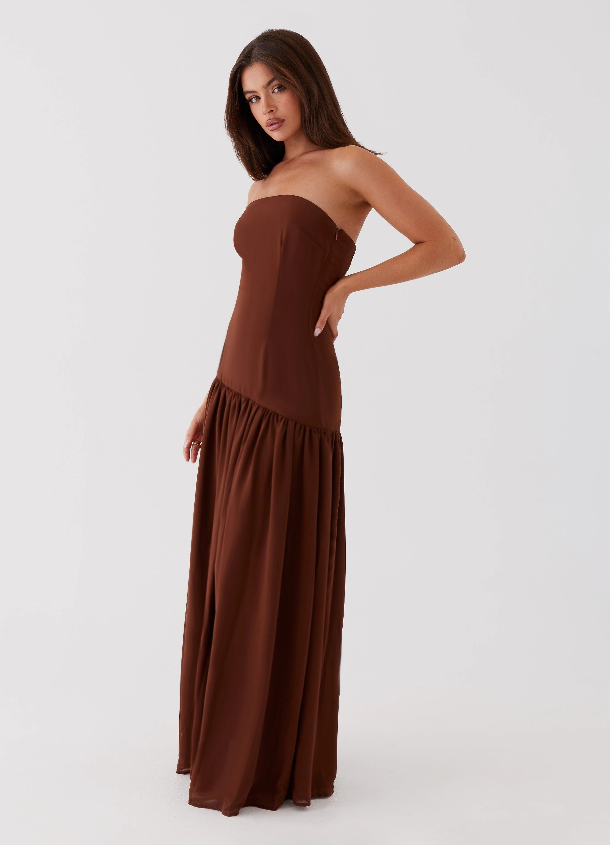 Eden Strapless Maxi Dress - Brown Ruffle Detail