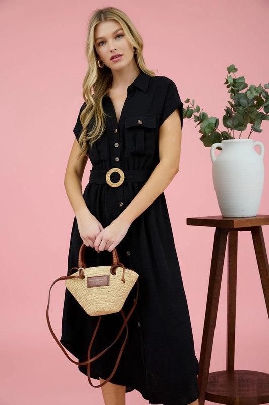 JUNIPER COLLARED BUTTON DOWN BELTED MIDI DRESS Matte Look