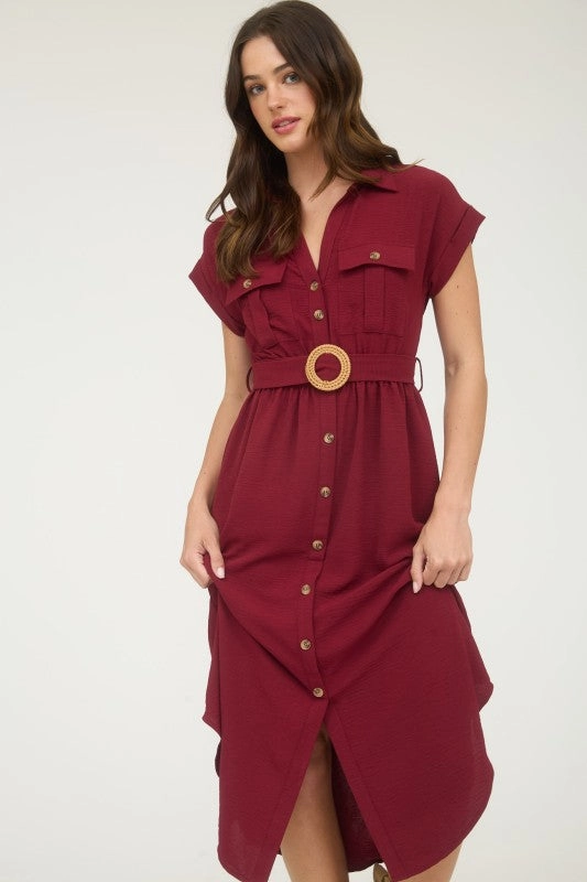 Warm Undertone Work Ease JUNIPER COLLARED BUTTON DOWN BELTED MIDI DRESS
