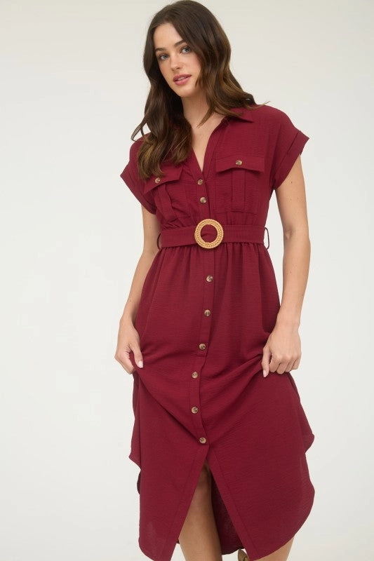 JUNIPER COLLARED BUTTON DOWN BELTED MIDI DRESS Bold Color Urban Casual