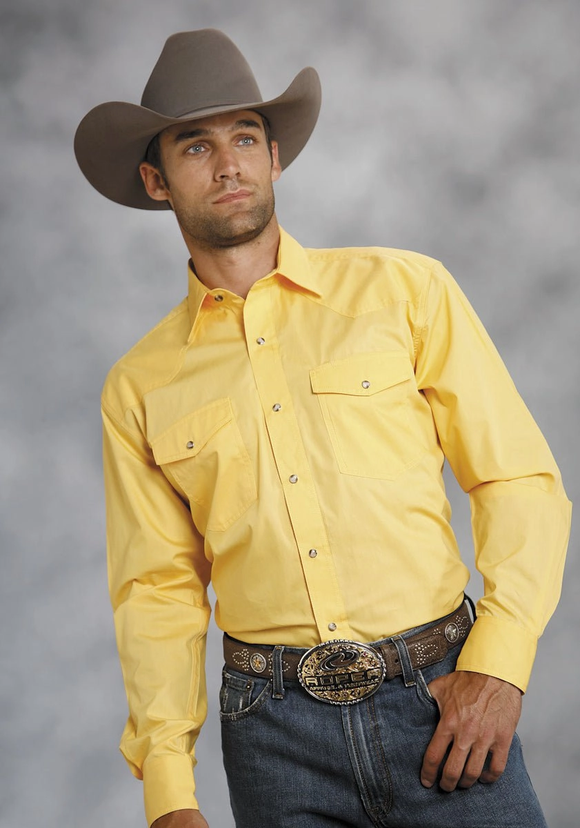 Classic Look Roper Mens Yellow 100% Cotton L/S Snap 1 Pt Back Yoke Poplin Western Shirt