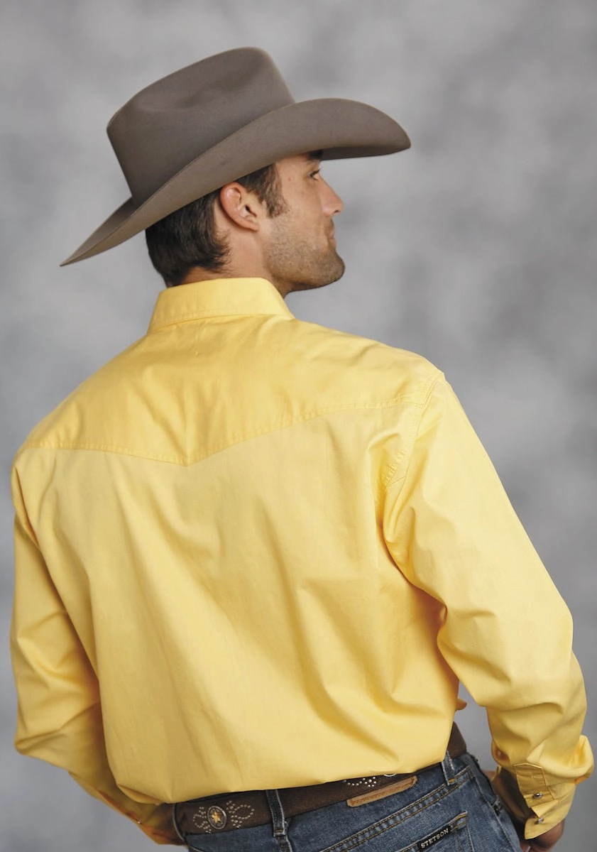 Roper Mens Yellow 100% Cotton L/S Snap 1 Pt Back Yoke Poplin Western Shirt Flatlock stitching Classic Appeal
