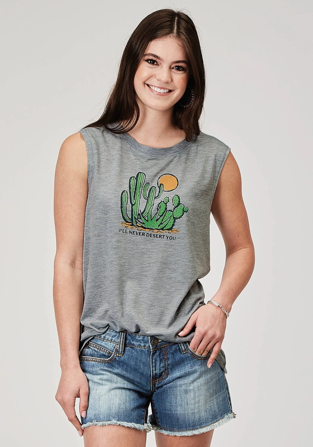 Customizable Design Double Stitched Hems Roper Womens Never Desert You Cactus Grey Poly/Cotton S/L Tank Top