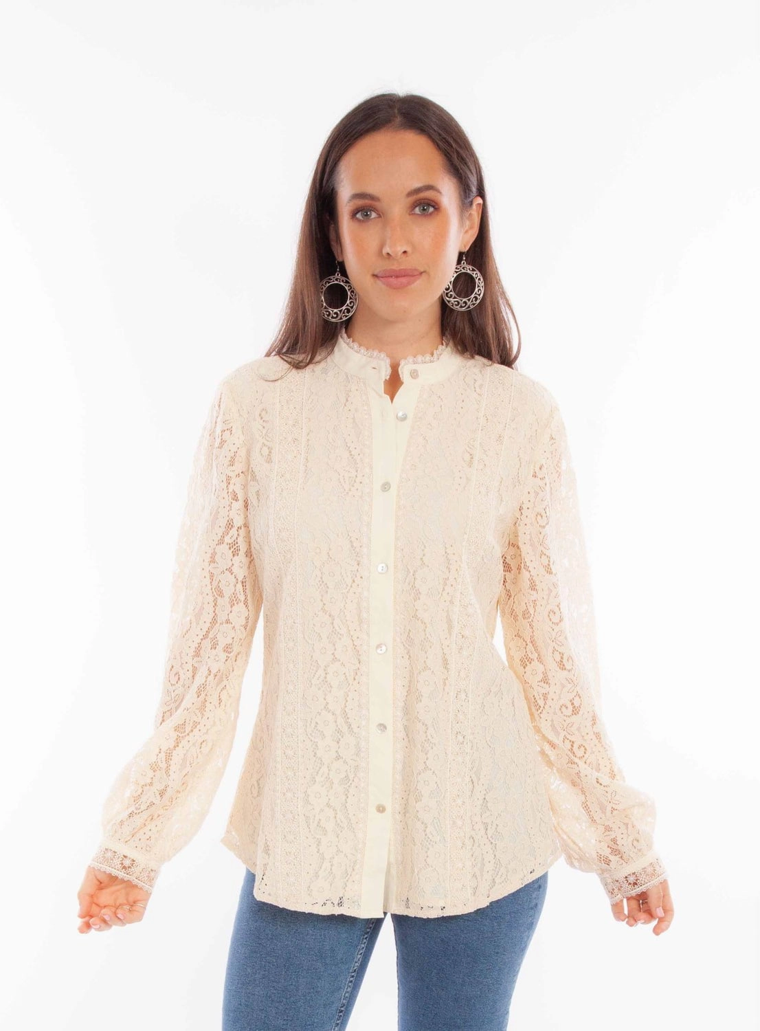 Eco friendly materials High-Quality Craftsmanship Scully Womens Allover Lace Ivory Cotton Blend L/S Blouse