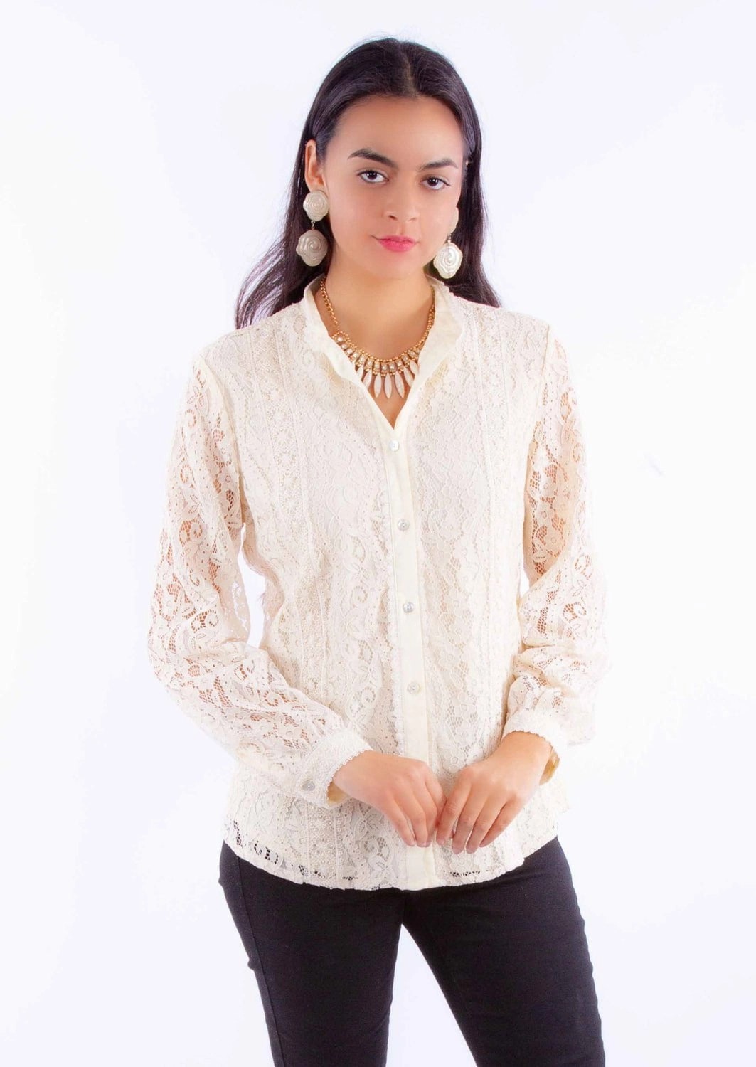 Scully Womens Allover Lace Ivory Cotton Blend L/S Blouse Moisture Wicking Material Streetwear