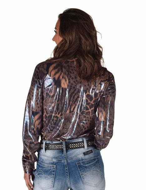 Flexible Knit Layering Essential Cowgirl Tuff Womens Shiny Animal Tan Polyester L/S Shirt