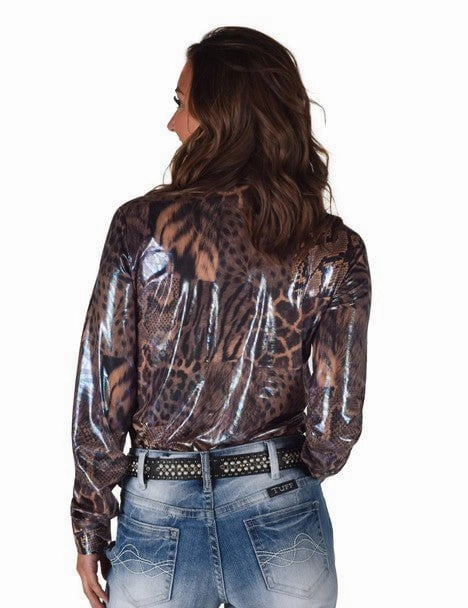 Cowgirl Tuff Womens Shiny Animal Tan Polyester L/S Shirt Fashion-Forward Flexible Mobility