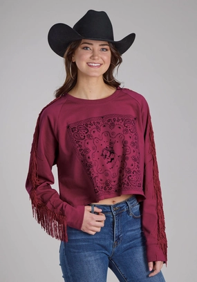 Cozy Fleece Roper Womens Paisley Square Fringe Wine 100% Cotton Sweatshirt