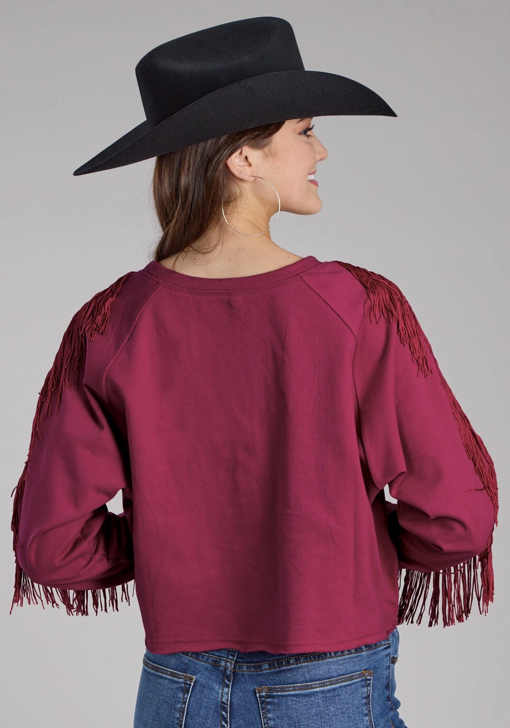 Layered Wear Soft Knit Roper Womens Paisley Square Fringe Wine 100% Cotton Sweatshirt