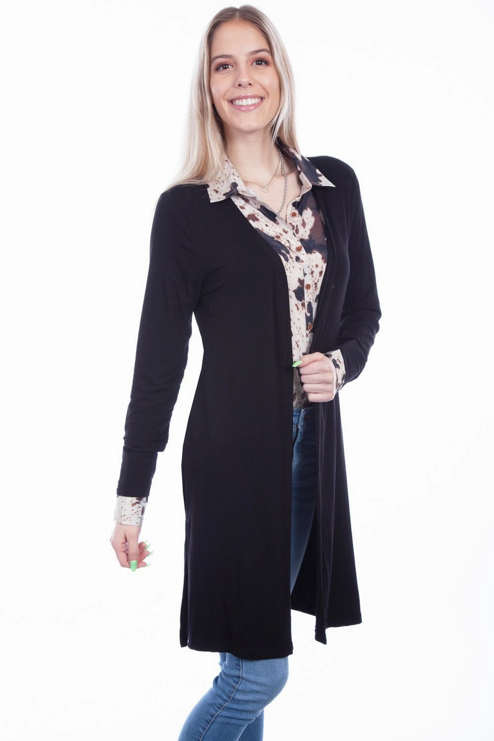 Cozy Knit Design Quick Dry Material Scully Womens Black Viscose Side Slit Cardigan