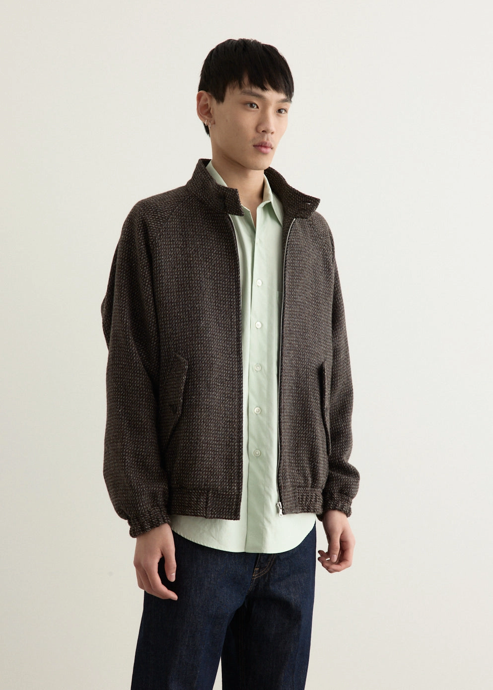 Alpaca Wool Silk Tweed Zip Blouson Non Bulky Design Day To Night Wear