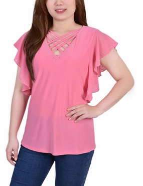 Smart Style Biodegradable Fiber Blend Flutter Sleeve Top With Criss Cross Strips