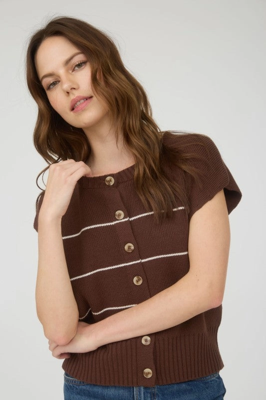 Amanda Stripe Button Down Short Sleeve Knit Cardigan All Season Knit Knit Comfort Wear