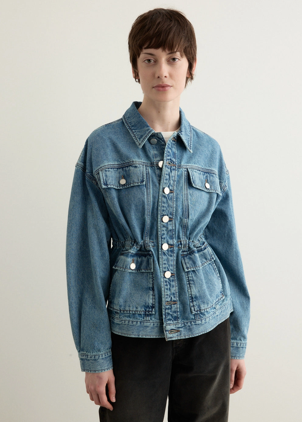 Weekend Outing Wear Double Stitch Reinforcement Amy Cinched Denim Trucker Jacket