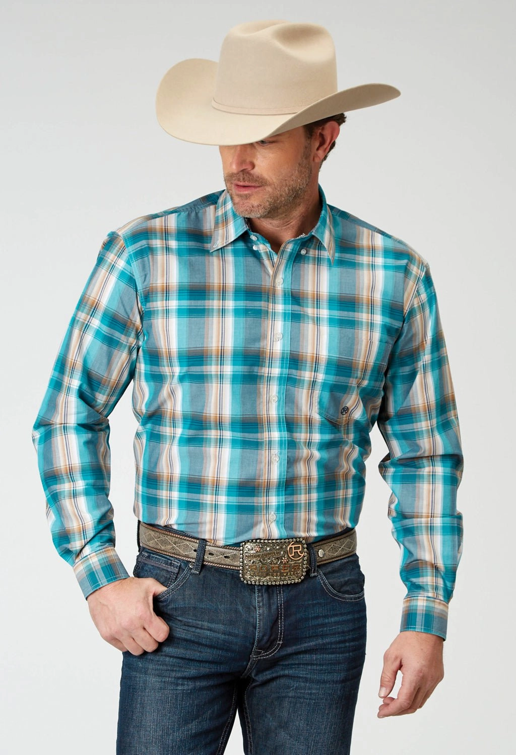 High-End Look Comfort-First Roper Mens Waters Edge Plaid Multi-Color 100% Cotton L/S Shirt
