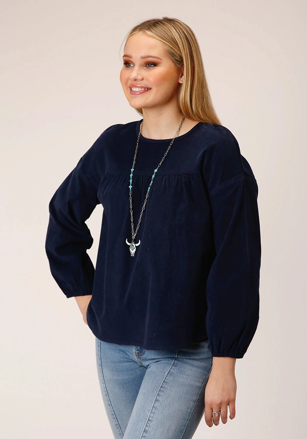 Roper Womens Corduroy Velour Navy 100% Cotton L/S Blouse Sustainable Manufacturing Process