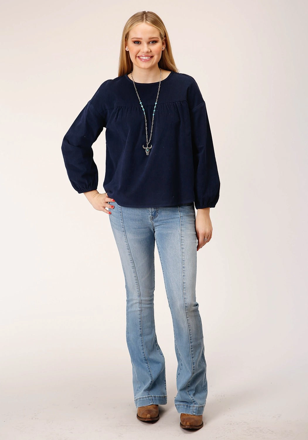 Matte Look Roper Womens Corduroy Velour Navy 100% Cotton L/S Blouse