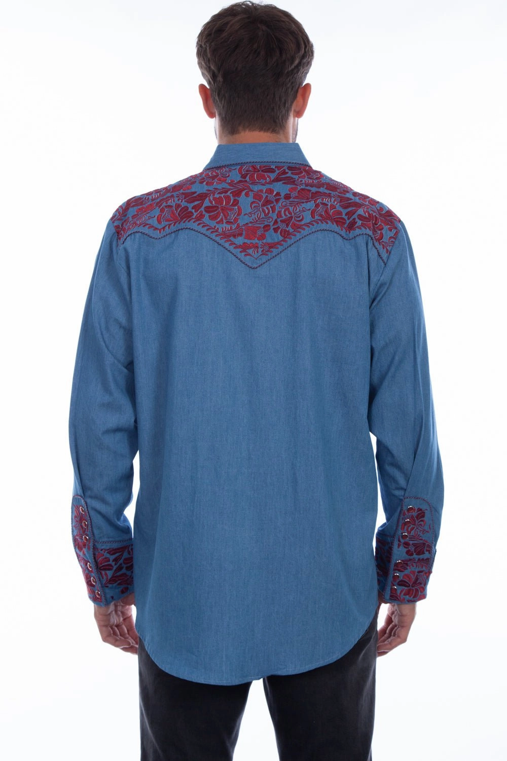 Scully Mens Blue/Cranberry Polyester Tooled Floral L/S Shirt Functional Fashion ethical fashion