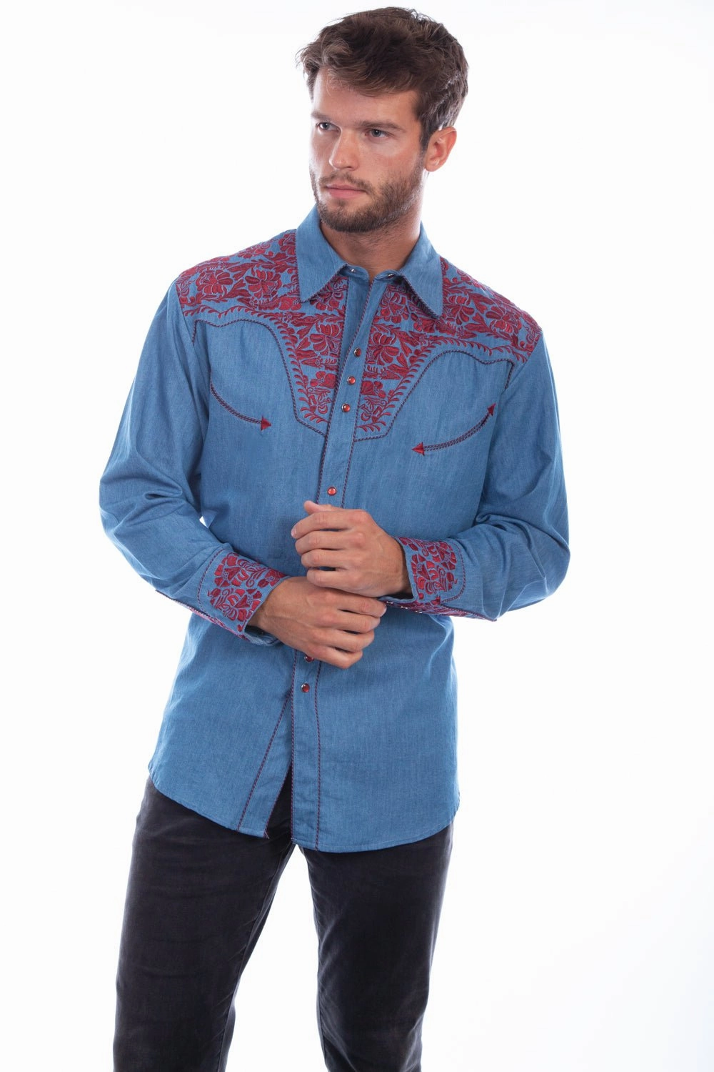 Polo Style Scully Mens Blue/Cranberry Polyester Tooled Floral L/S Shirt
