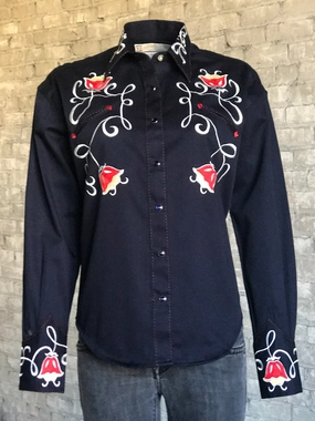 Chic Ensemble Rockmount Womens Navy 100% Cotton Art Deco Tulip Western L/S Shirt