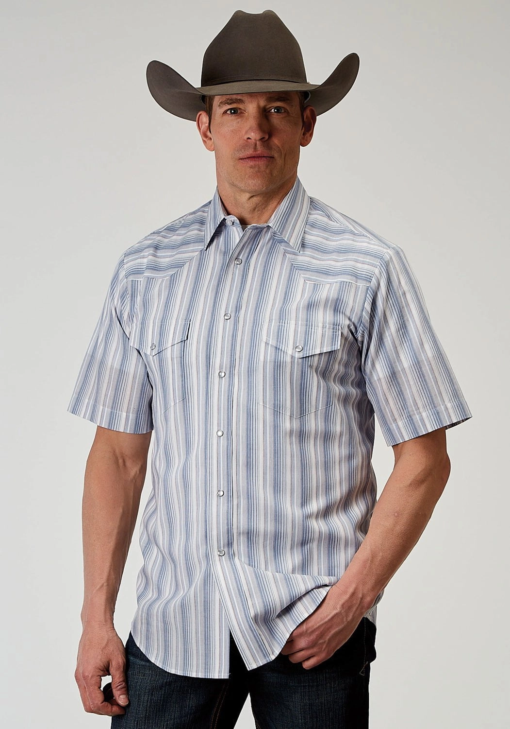 Sustainable Choice Roper Mens 1966 Blue Stripe Blue Cotton Blend S/S Shirt