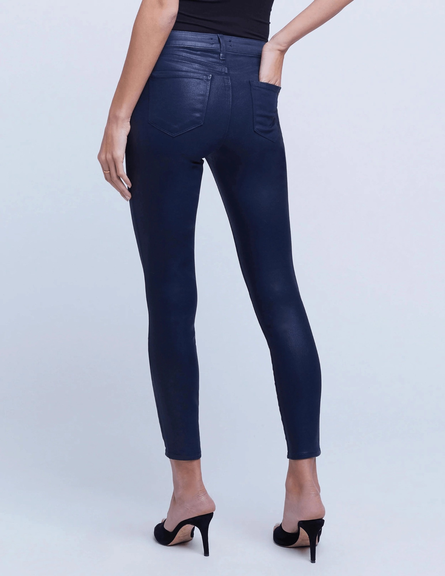 L'AGENCE Margot High Rise Coated Jeans In Navy Coated Layered Basics