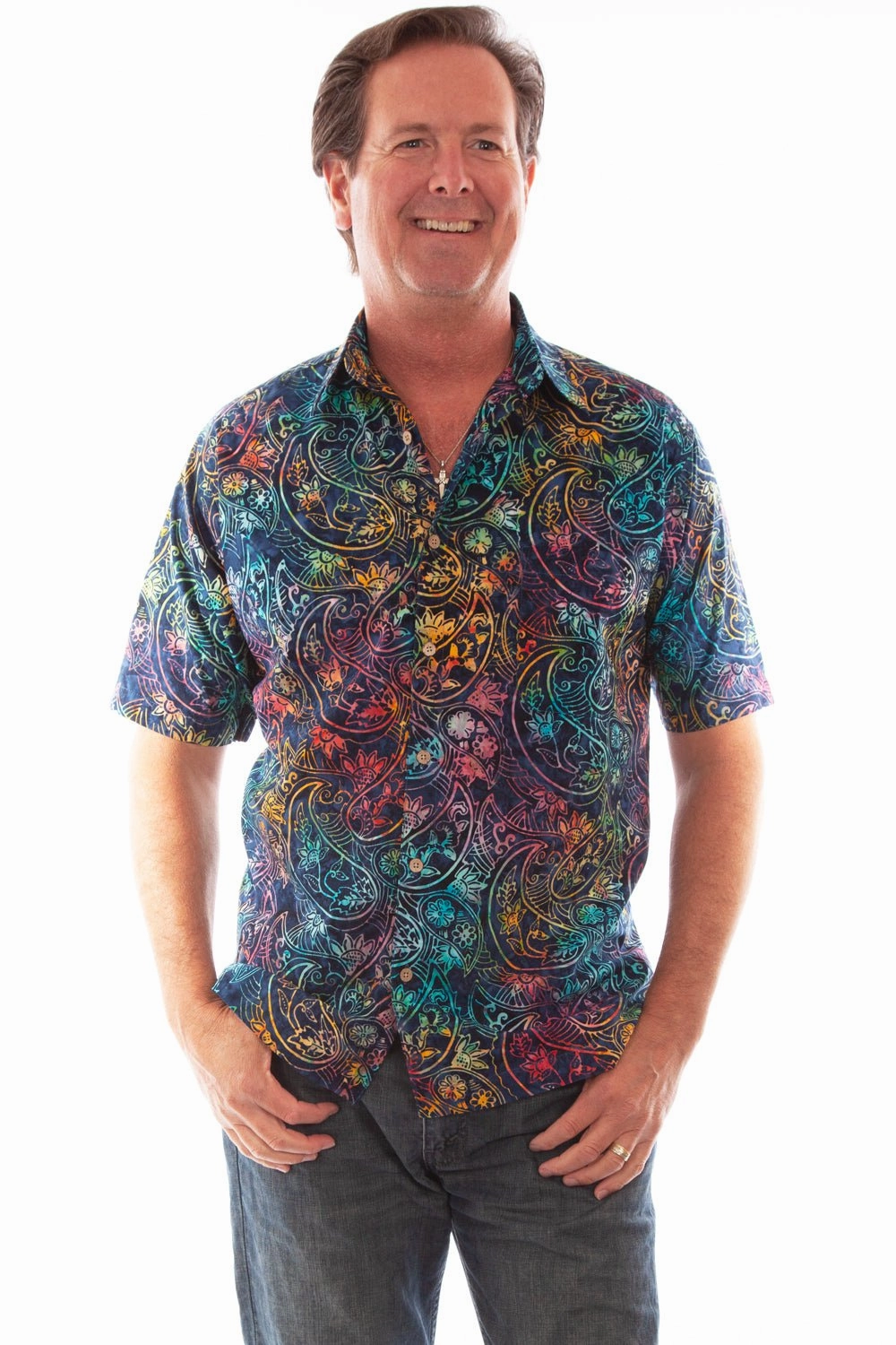 Scully Mens Vibrant Batik Paisley Dark Blue 100% Cotton S/S Shirt Smooth Stitch Pattern