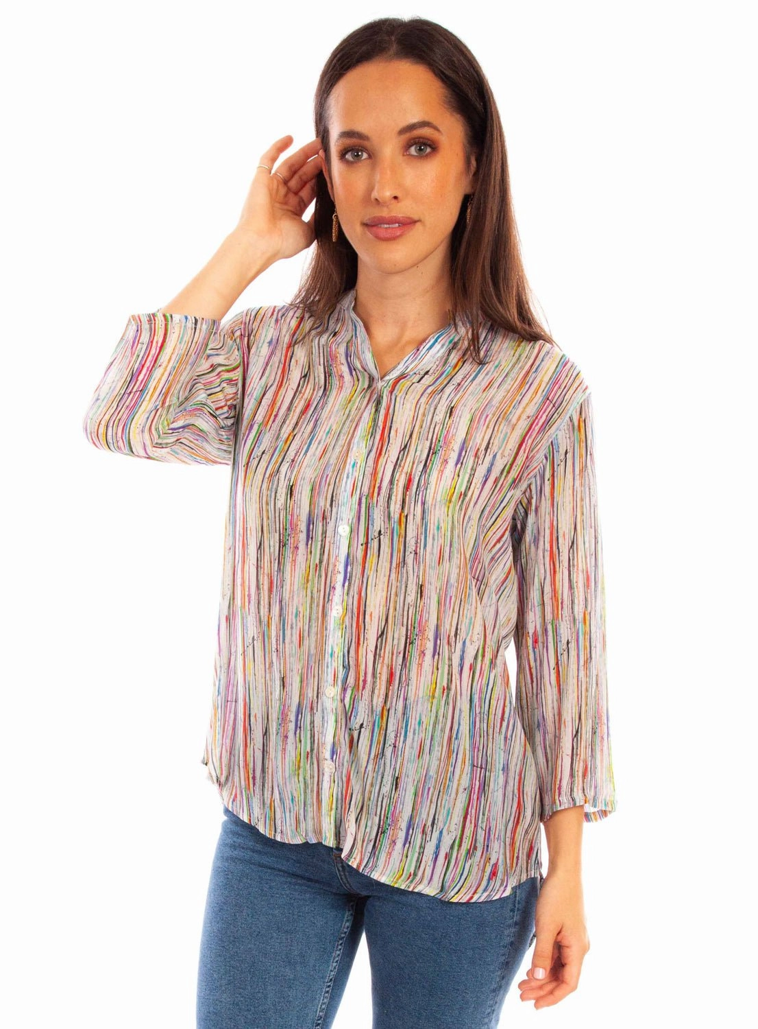 Scully Womens Abstract Striped Multi-Color Viscose 3/4 Sleeve S/S Blouse vacation wear Eye-Catching Pattern