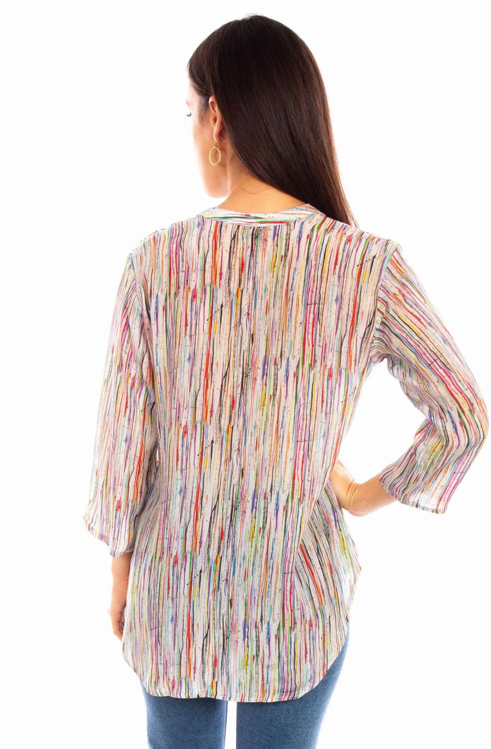 Workwear Ready Scully Womens Abstract Striped Multi-Color Viscose 3/4 Sleeve S/S Blouse