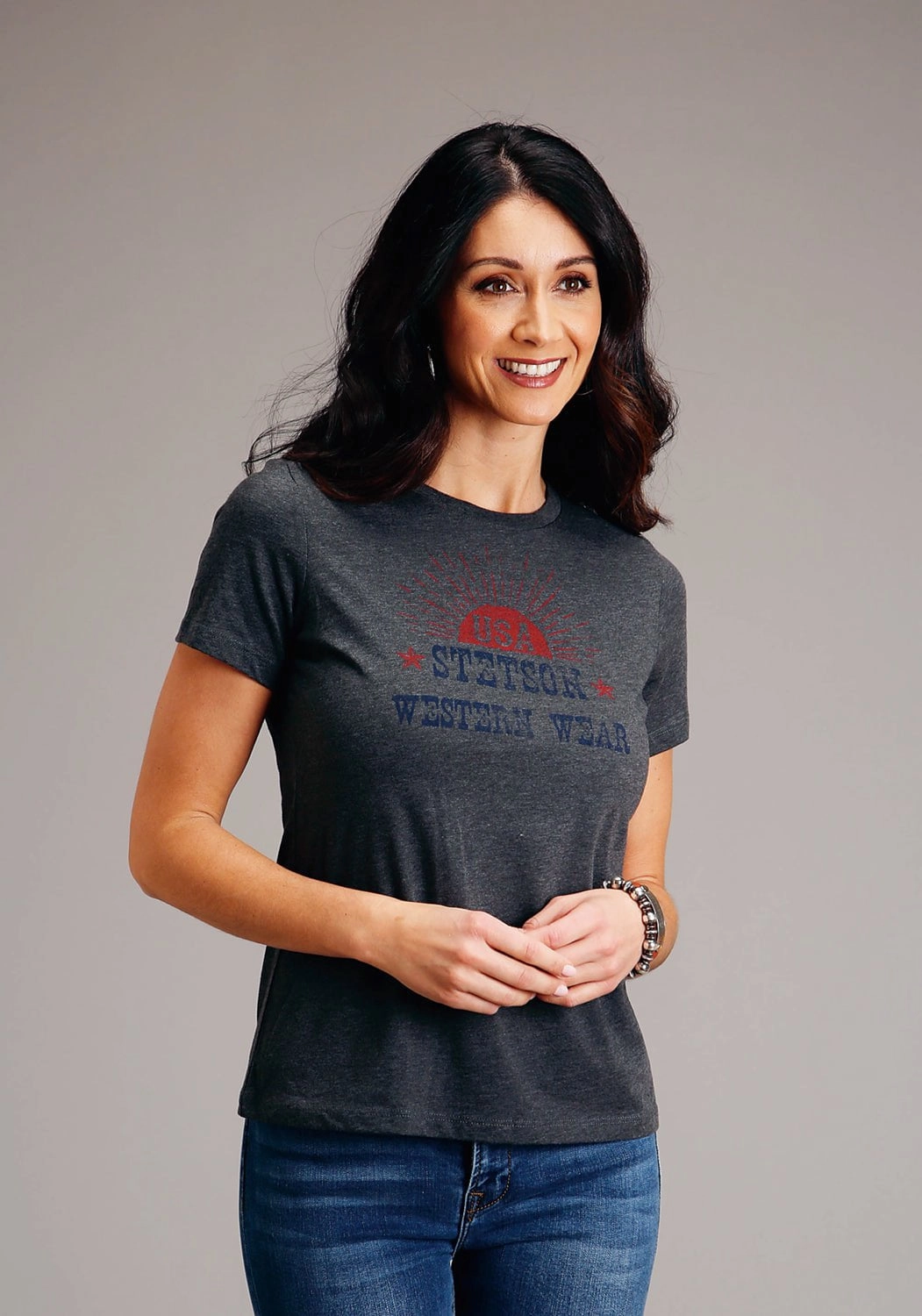 Stetson Womens Dark Grey Cotton Blend Sunset USA S/S T-Shirt Smooth Seam Finish
