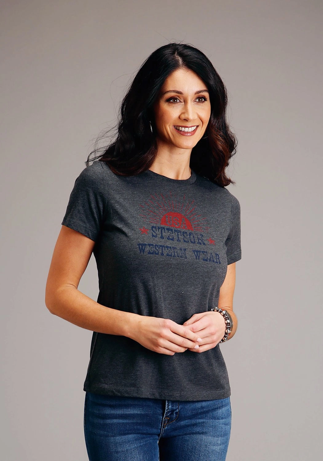 Stetson Womens Dark Grey Cotton Blend Sunset USA S/S T-Shirt Eco-Friendly Choice Neutral Toned Stitching