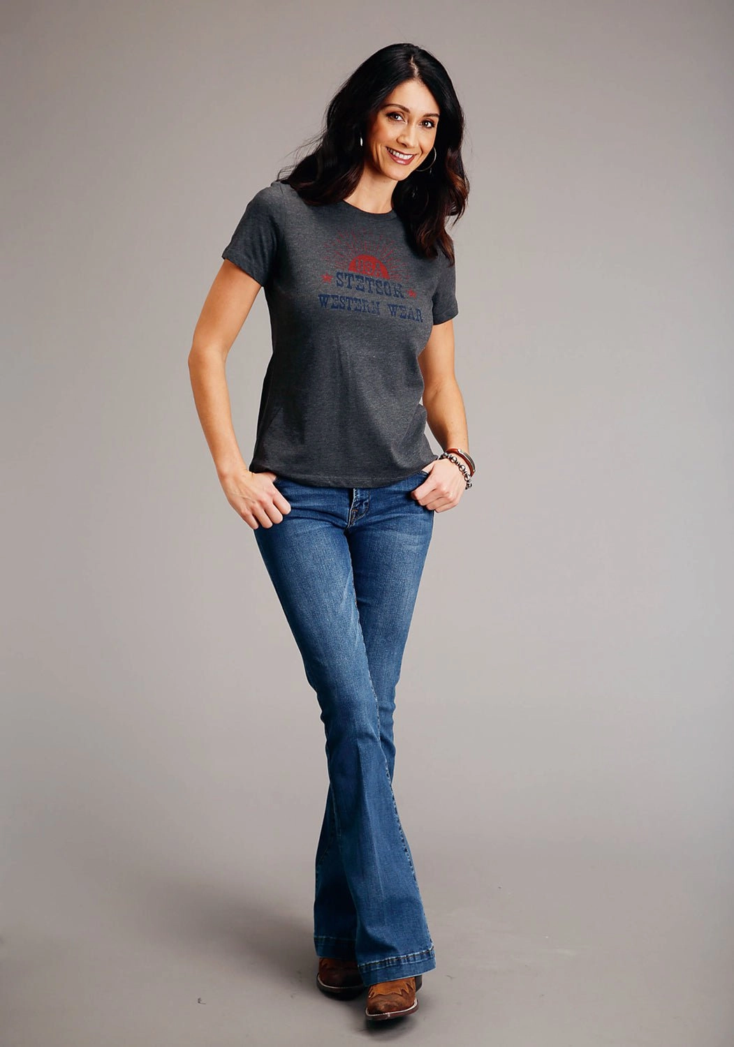 Seasonal Wardrobe Stetson Womens Dark Grey Cotton Blend Sunset USA S/S T-Shirt