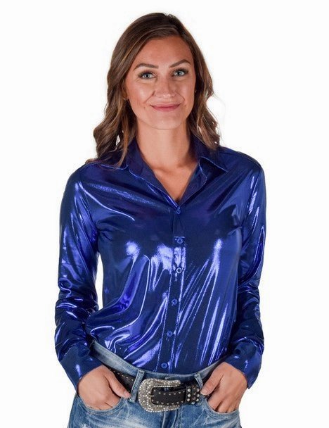 Anti Pill Technology Cowgirl Tuff Womens Shiny Metallic Blue Polyester L/S Shirt