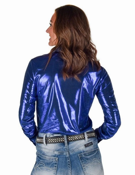 Premium Feel Bold Print Cowgirl Tuff Womens Shiny Metallic Blue Polyester L/S Shirt
