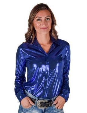 Cowgirl Tuff Womens Shiny Metallic Blue Polyester L/S Shirt Cooling Core Technology Bold Hue