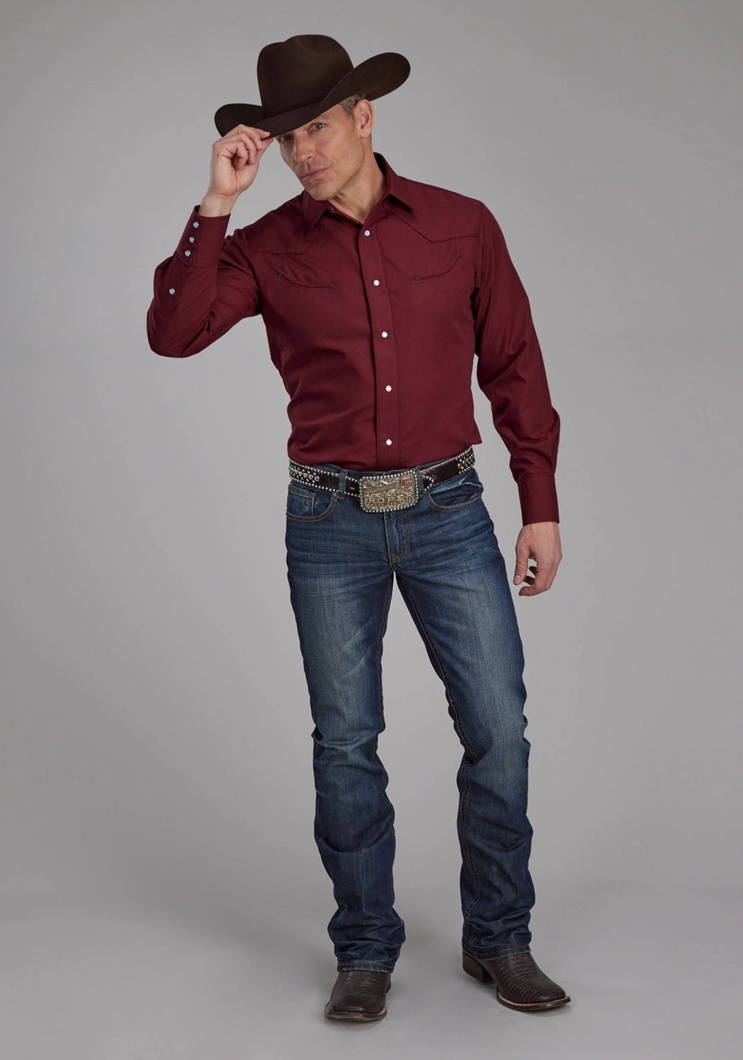 Roper Mens 2124 Broadcloth Wine Cotton Blend L/S Shirt elegant design Casual Hangout