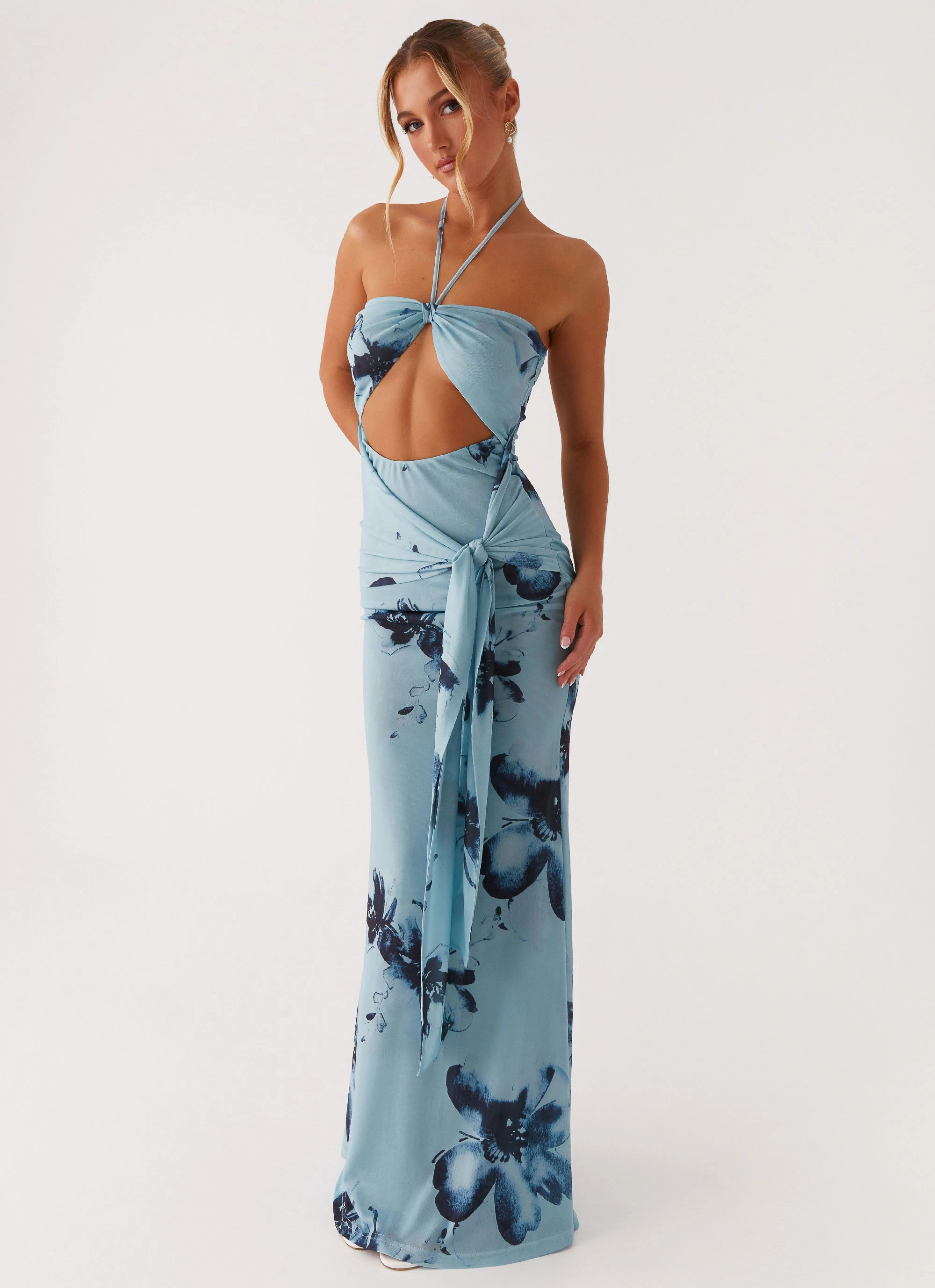 Antonia Maxi Dress - Black Blue Floral Layer Base Romantic Bloom