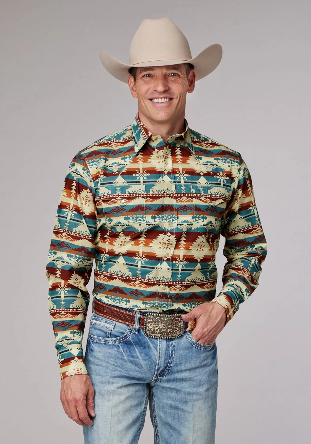 Roper Mens Horizontal Aztec Serape Wine Multi 100% Cotton L/S Shirt Durable Buttons crew neck