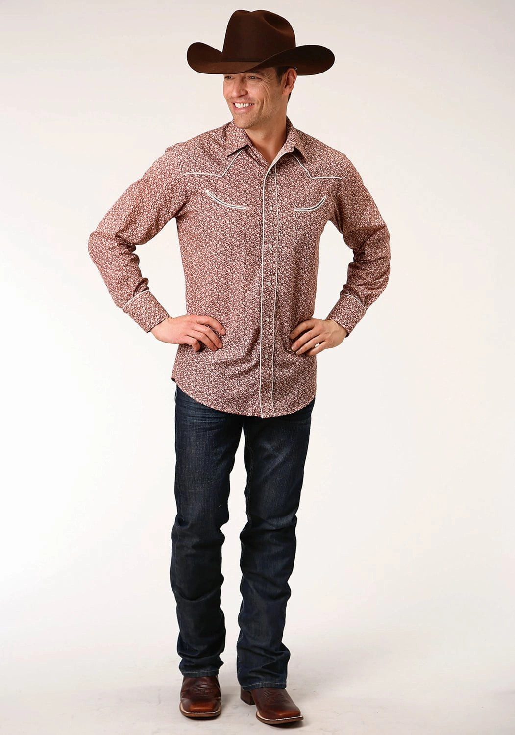 Travel-friendly Non Static Finish Roper Mens Vintage Floral Print Red Cotton Blend L/S Shirt