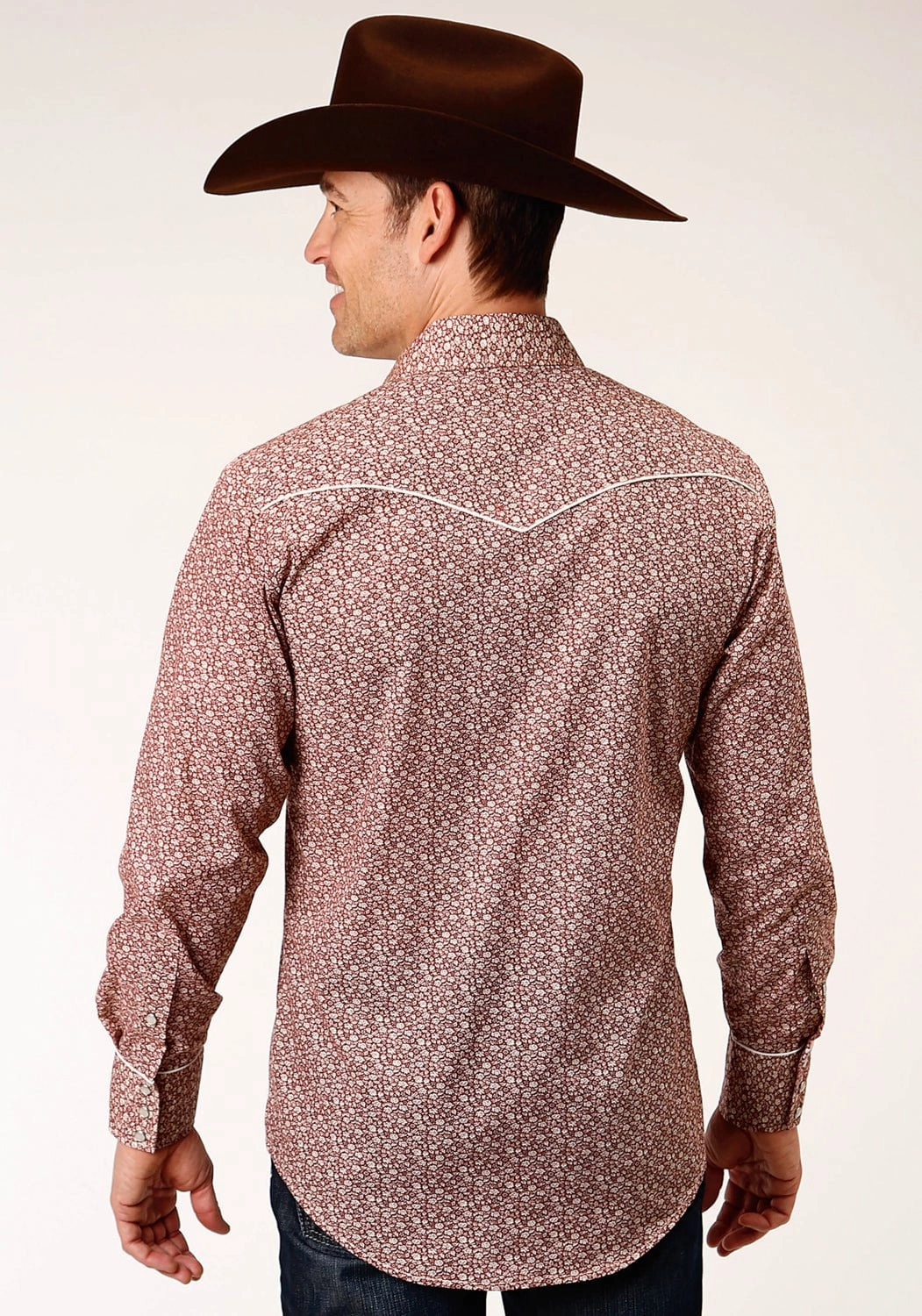 Roper Mens Vintage Floral Print Red Cotton Blend L/S Shirt Seamless Shoulder Construction Fall Foliage