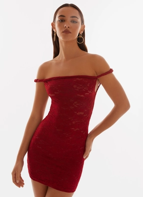 Delicate Touch Holiday Wear Arabella Lace Twist Shoulder Mini Dress - Red